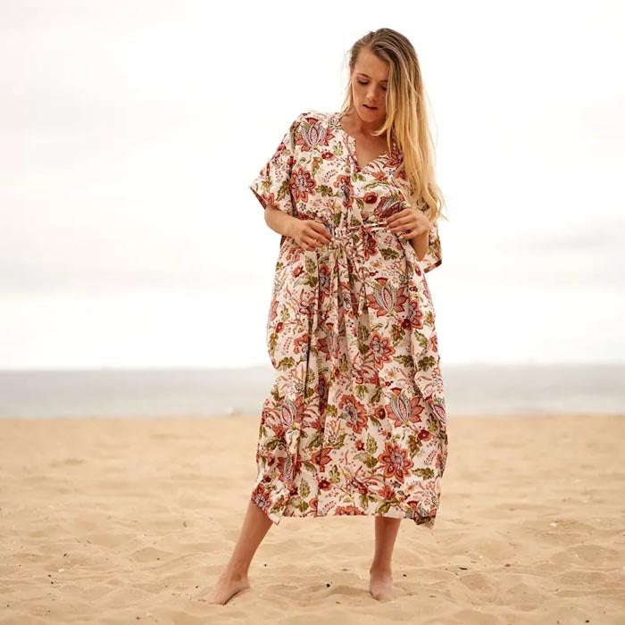 Cotton Kaftan Kimono Dress Caridgan Valentine Mother's Day Gift Maternity Wear Floral Block Print Christmas Gift for her Beige