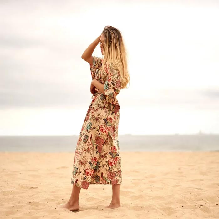 Cotton Kaftan Kimono Dress Caridgan Valentine Mother's Day Gift Maternity Wear Peacock Floral Print Christmas Gift for her Beige