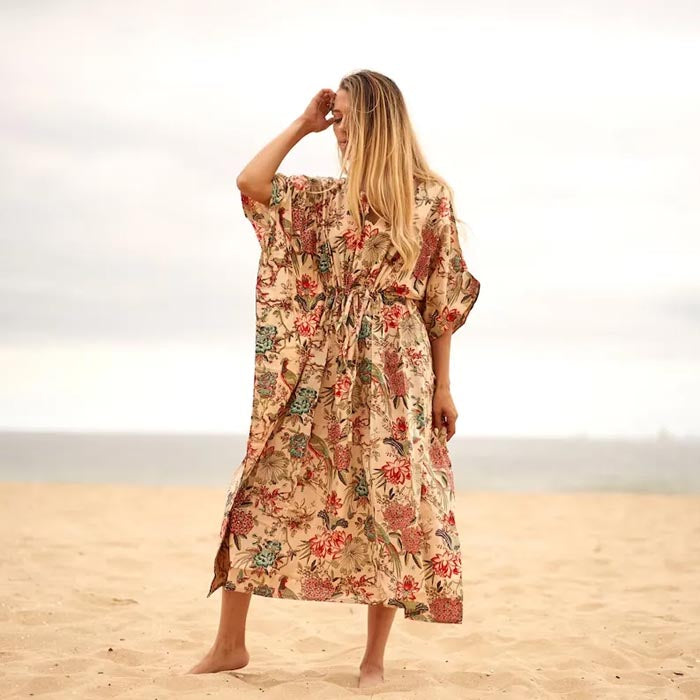 Cotton Kaftan Kimono Dress Caridgan Valentine Mother's Day Gift Maternity Wear Peacock Floral Print Christmas Gift for her Beige