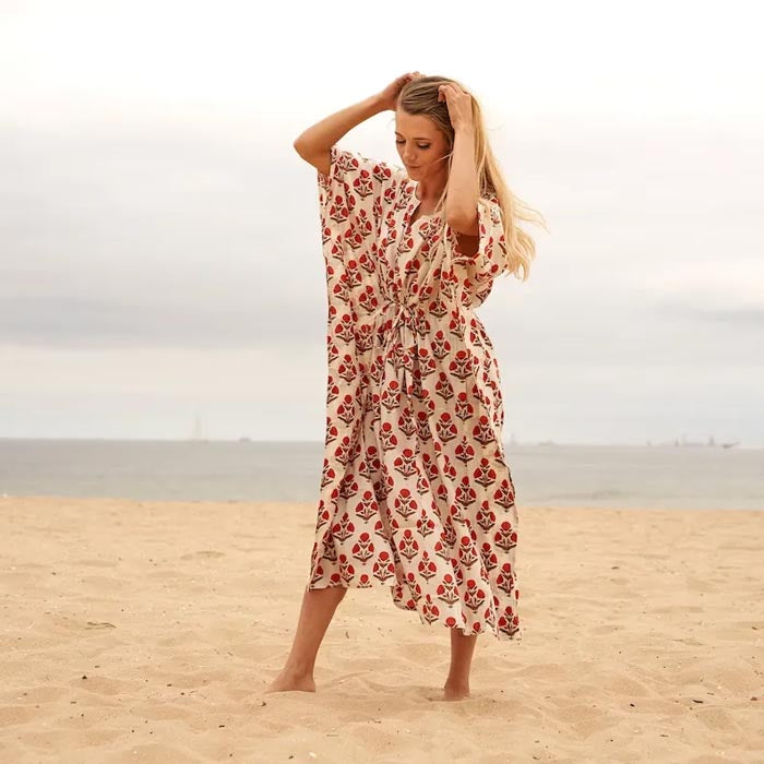 Cotton Kaftan Kimono Robe Mother's Day Gift Maxi Dress Maternity Gown Block Print Floral Gift for her Red