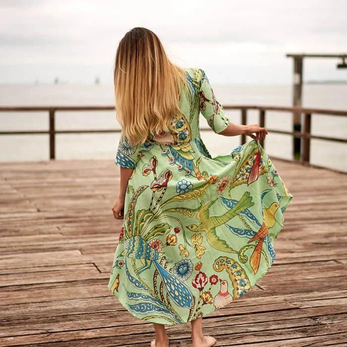Set of 2 Umbrella Dresses Summer Dress Boho dress Long Boho Dress Lite Green Bird Print Price includes 2 Sizes S,M,L,XL BD33