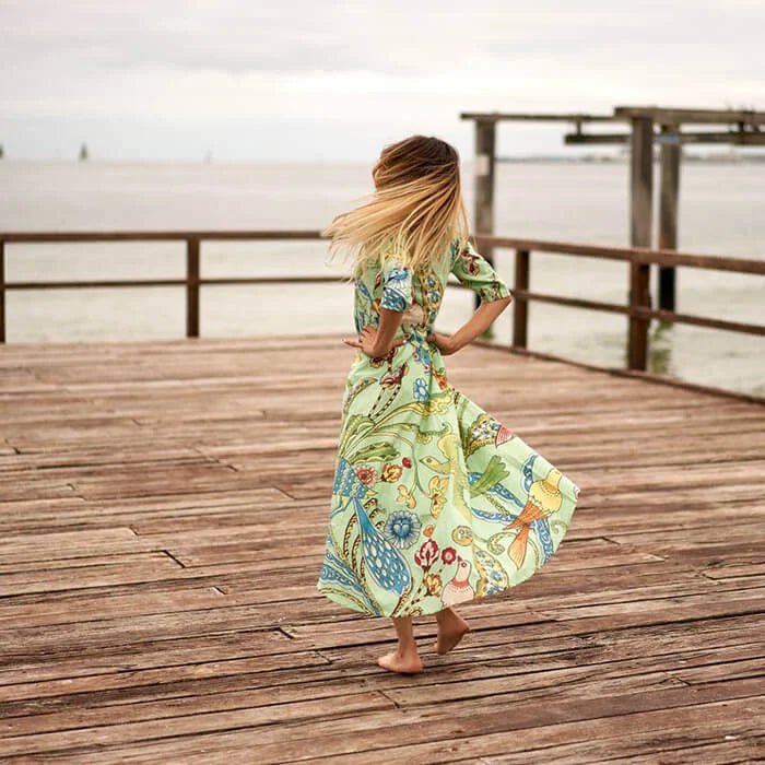 Set of 2 Umbrella Dresses Summer Dress Boho dress Long Boho Dress Lite Green Bird Print Price includes 2 Sizes S,M,L,XL BD33
