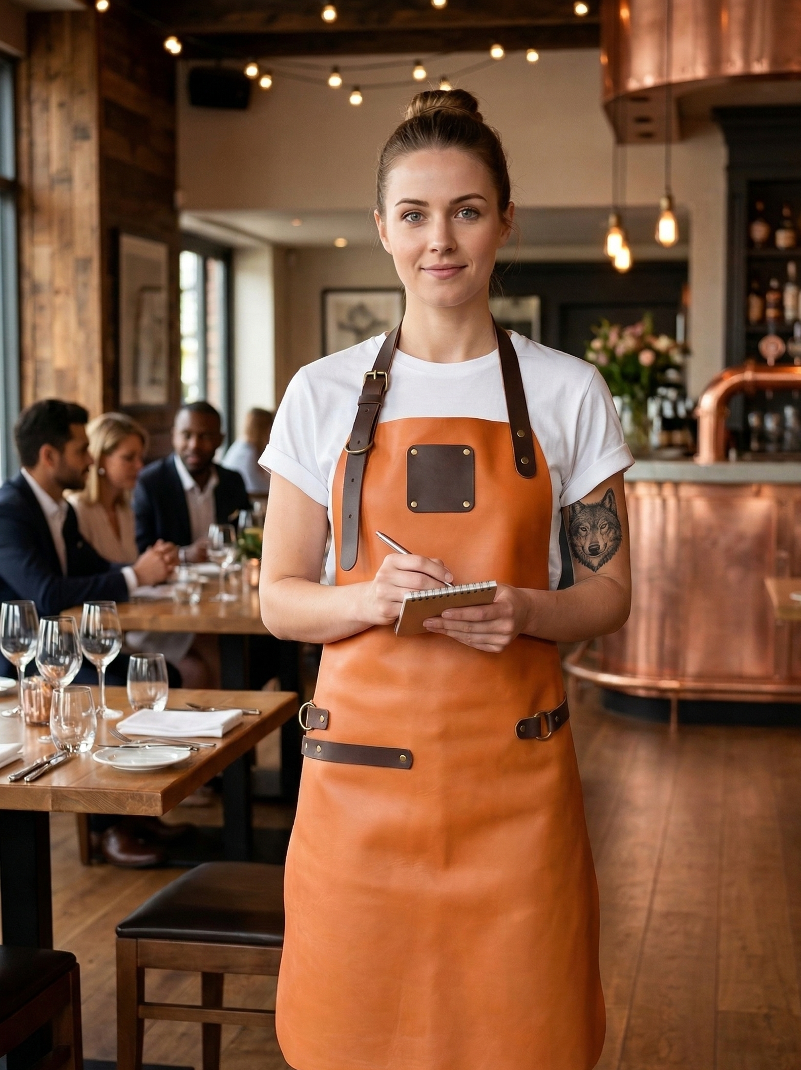 Cognac tan leather work apron with adjustable straps