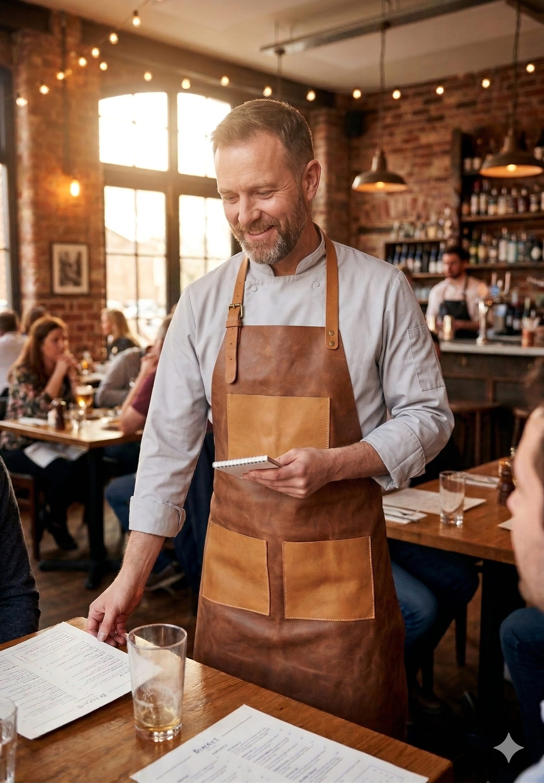 Compact tan leather apron with practical pockets