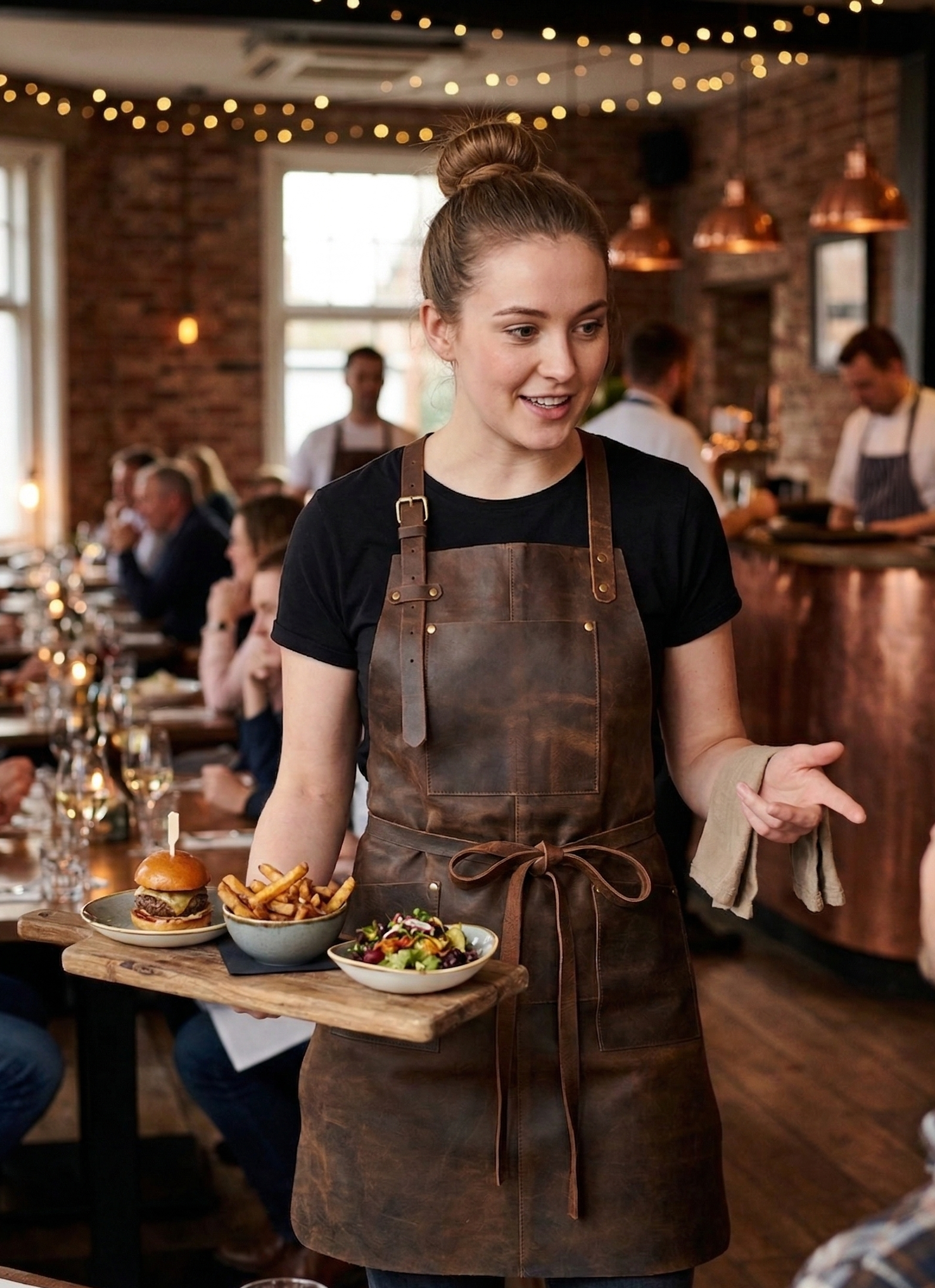 Brown leather work apron with adjustable straps