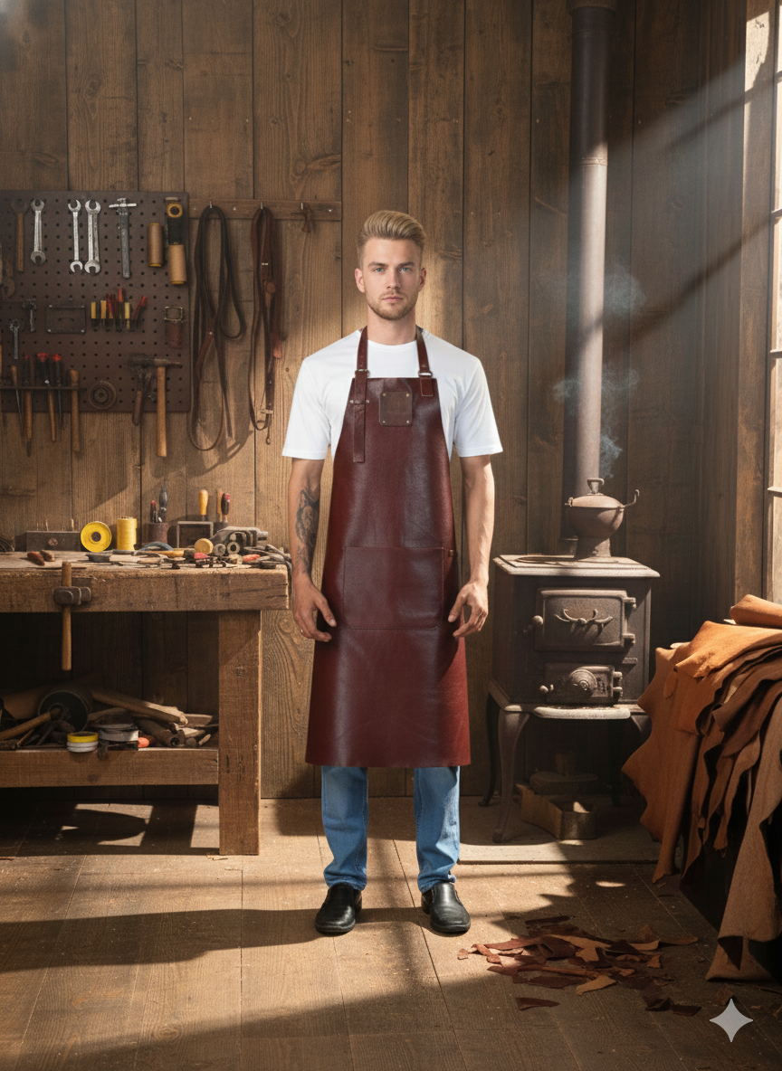 Handmade chestnut leather apron for workshop and craft use