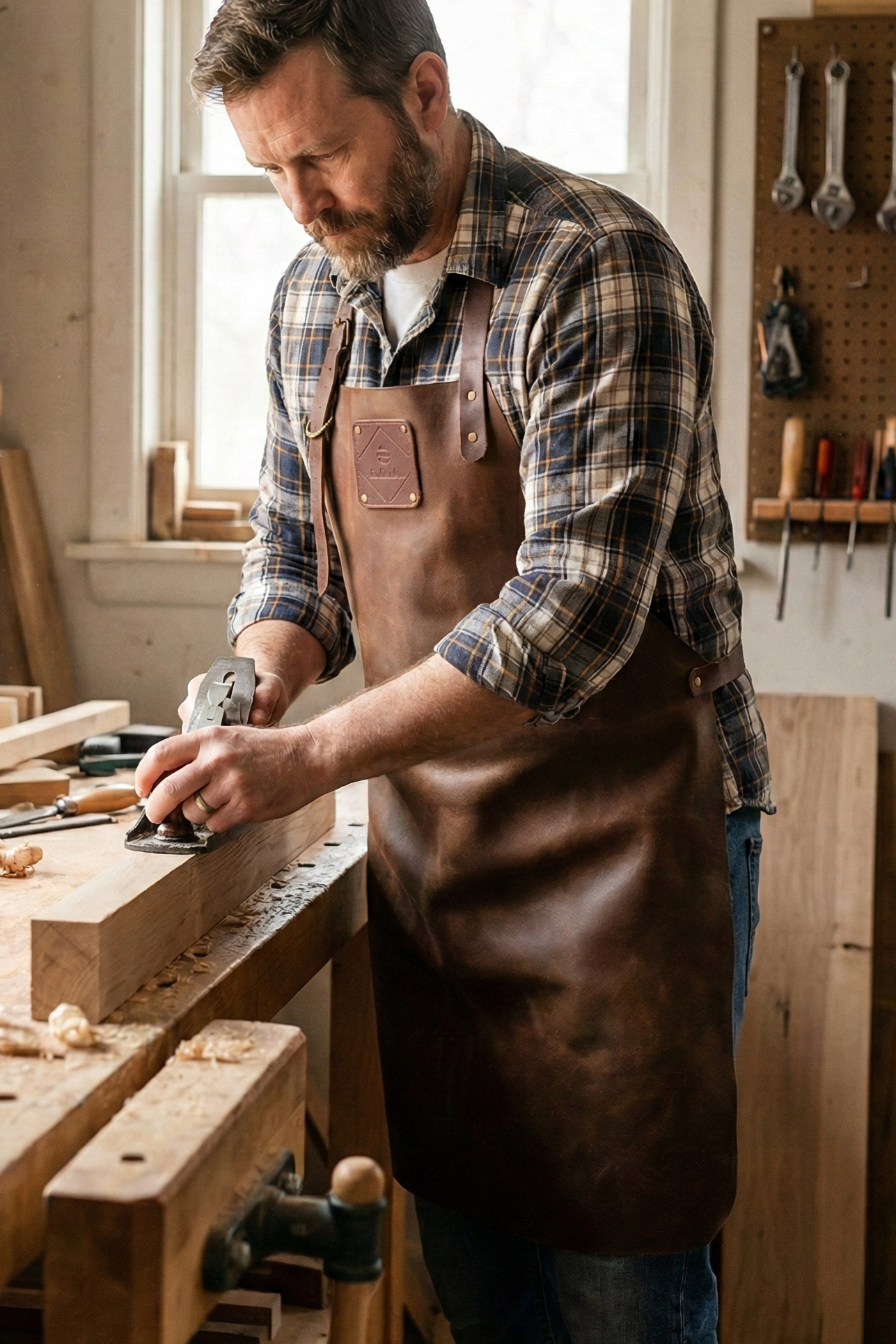 Brown leather work apron with adjustable straps
