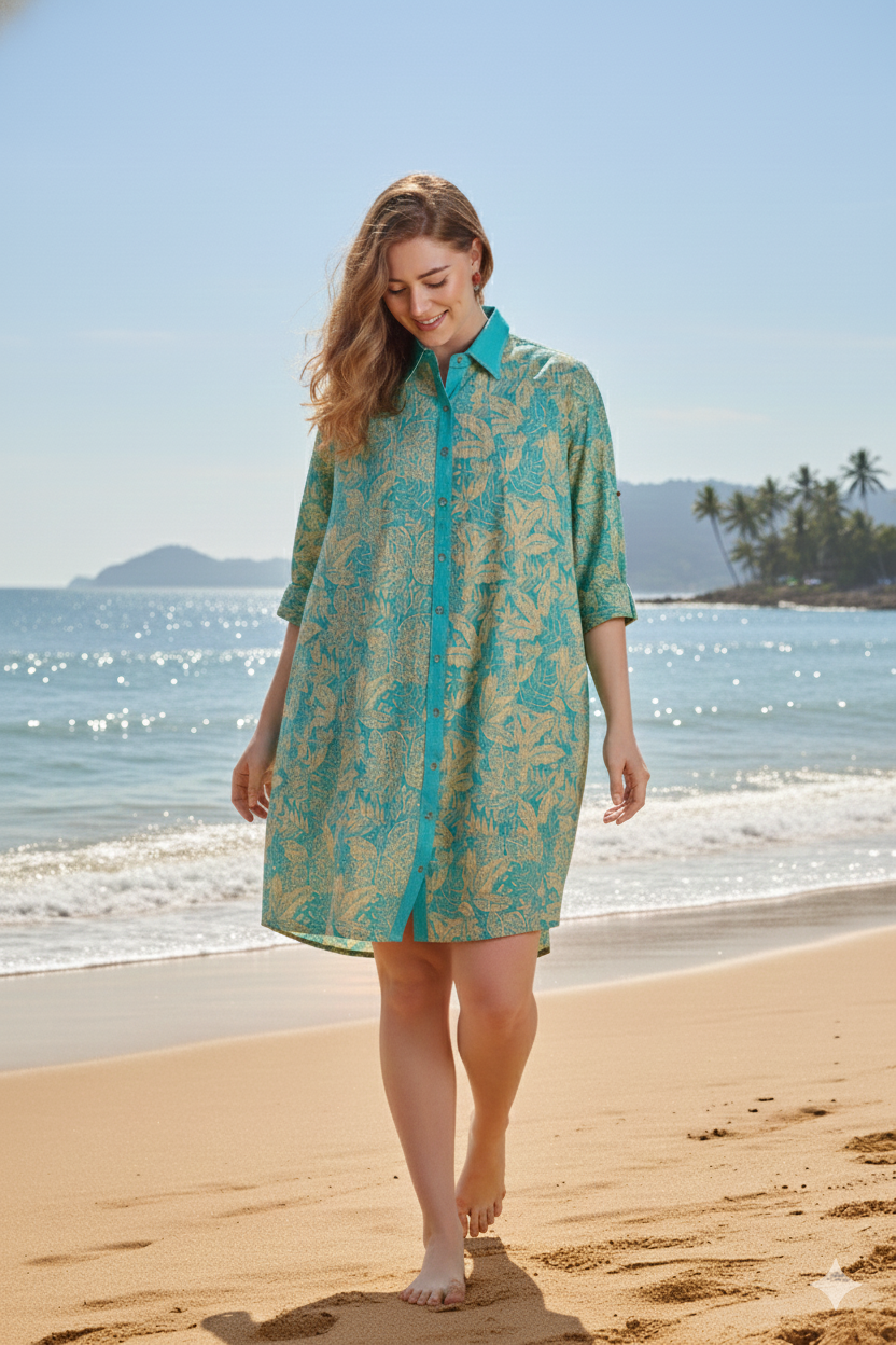 Aqua Bloom hand block printed cotton shirt dress with floral pattern