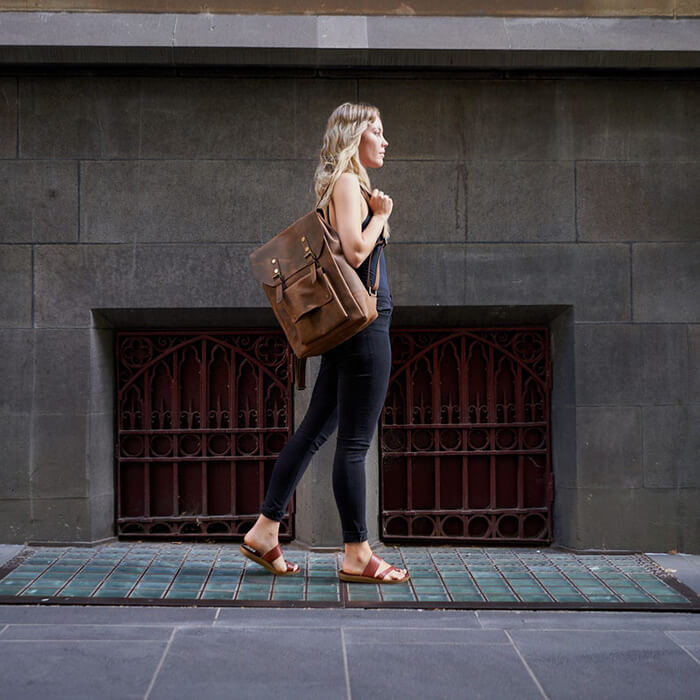 Handcrafted LEATHER BACKPACK in cognac tan brown Colour with LINING / Citi Rucksack - with two front pockets