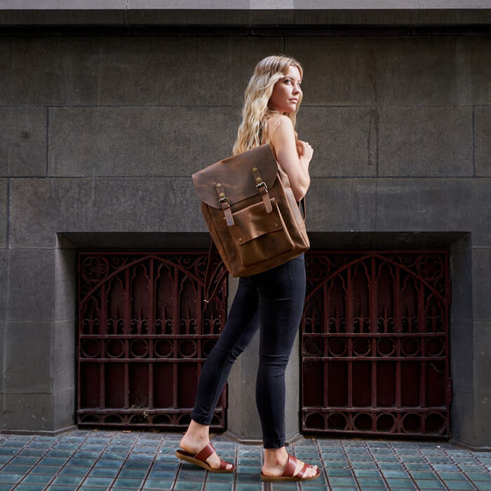 Handcrafted LEATHER BACKPACK in cognac tan brown Colour with LINING / Citi Rucksack - with two front pockets