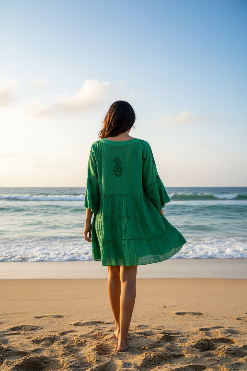 Lightweight cotton poplin mini dress in vibrant emerald green