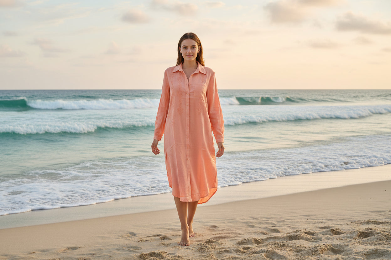 Sunrise peach embroidered cotton shirt dress with button-down front