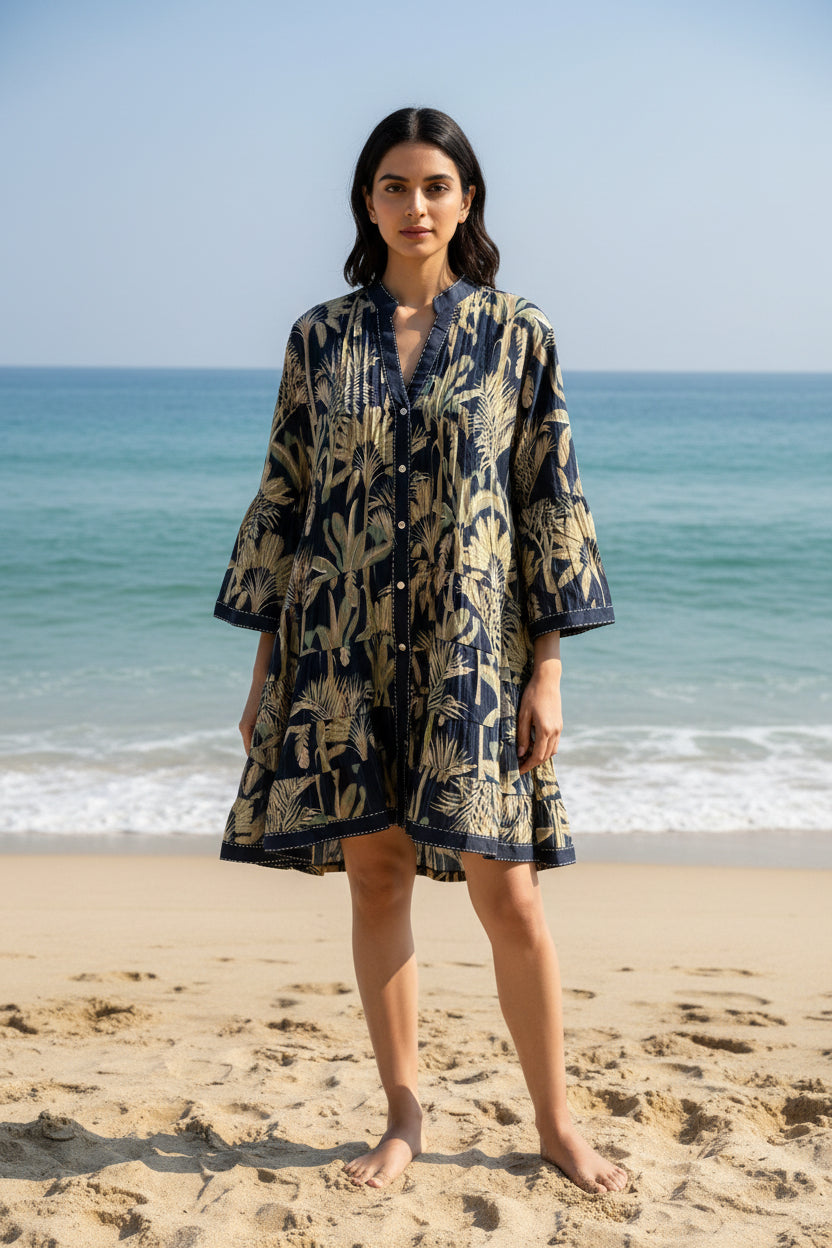 Palm Breeze tropical cotton tiered mini shirt dress for women