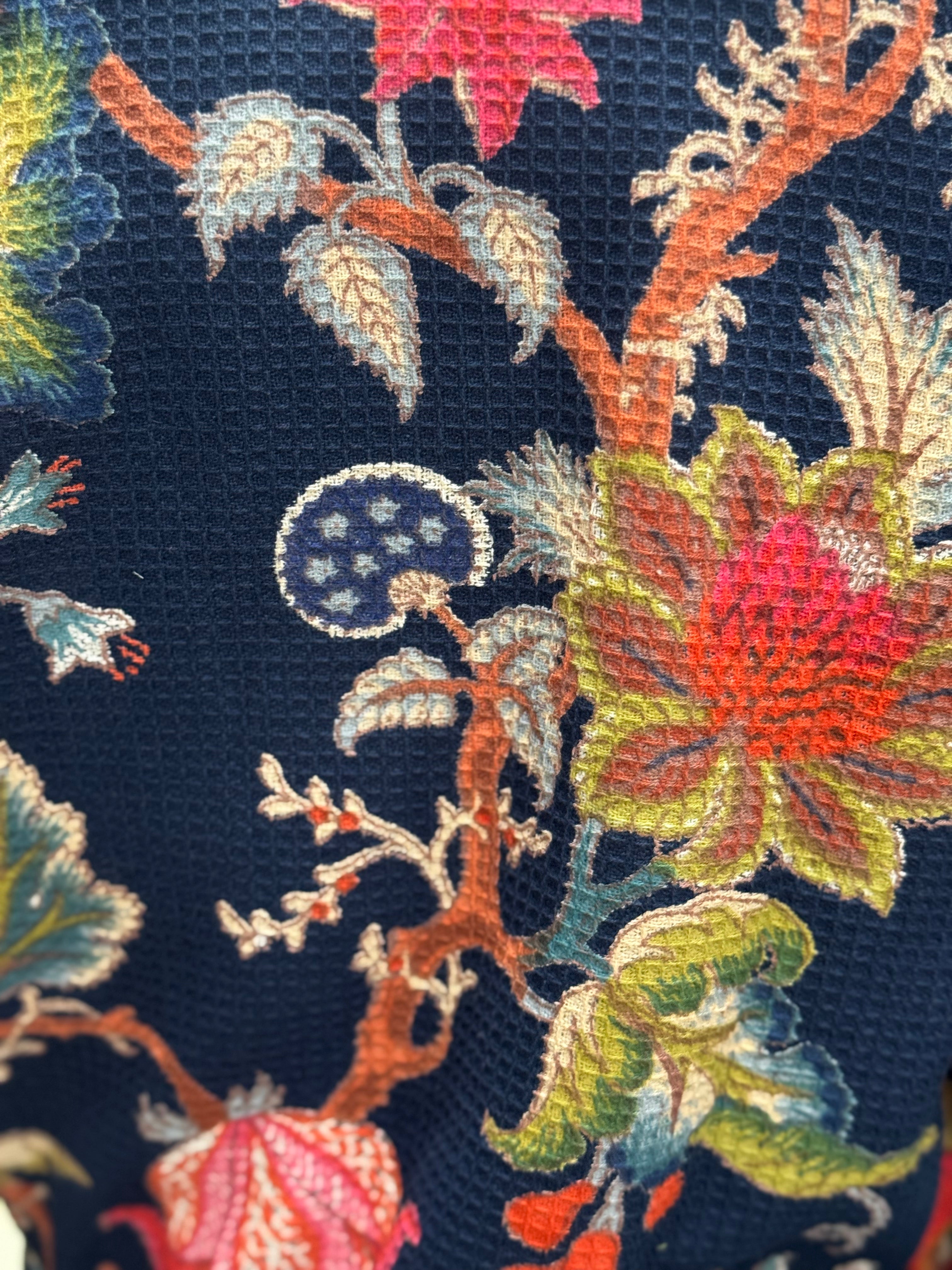Elegant navy floral waffle cotton bathrobe kimono style