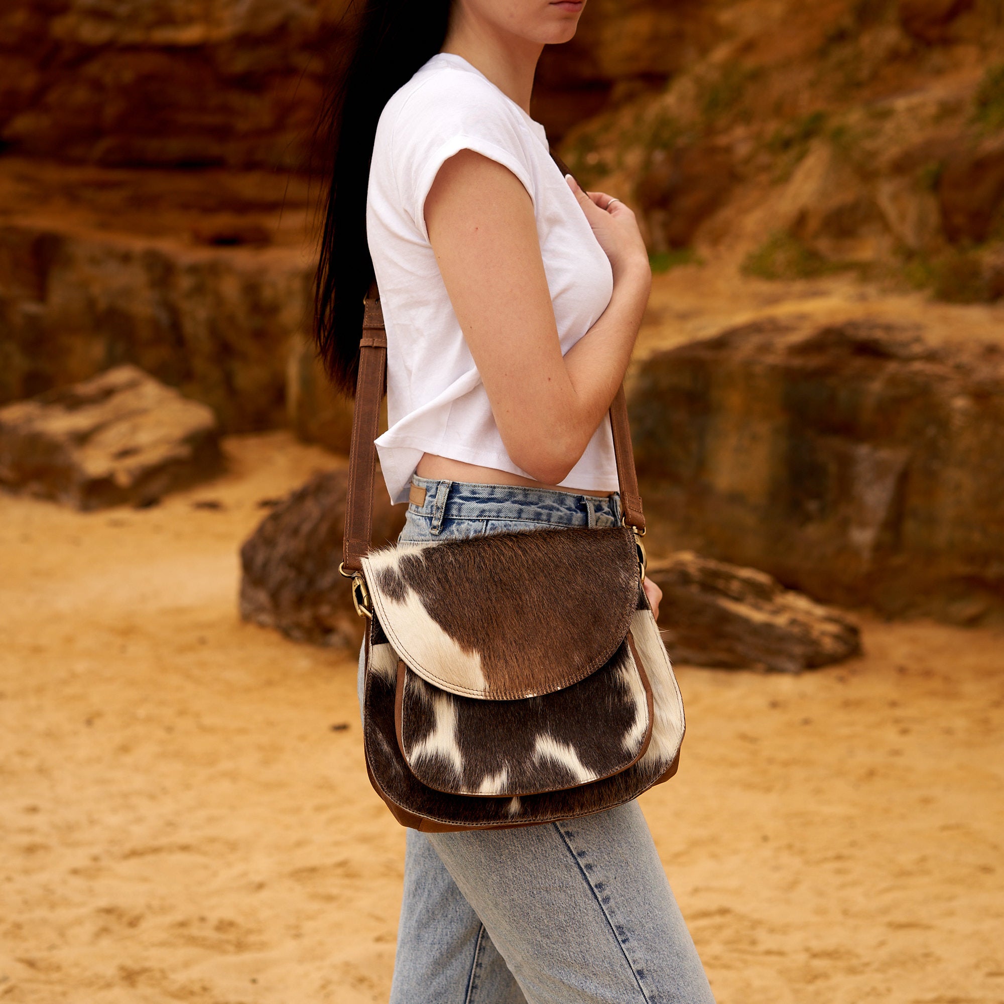Handmade genuine cowhide leather messenger tote bag