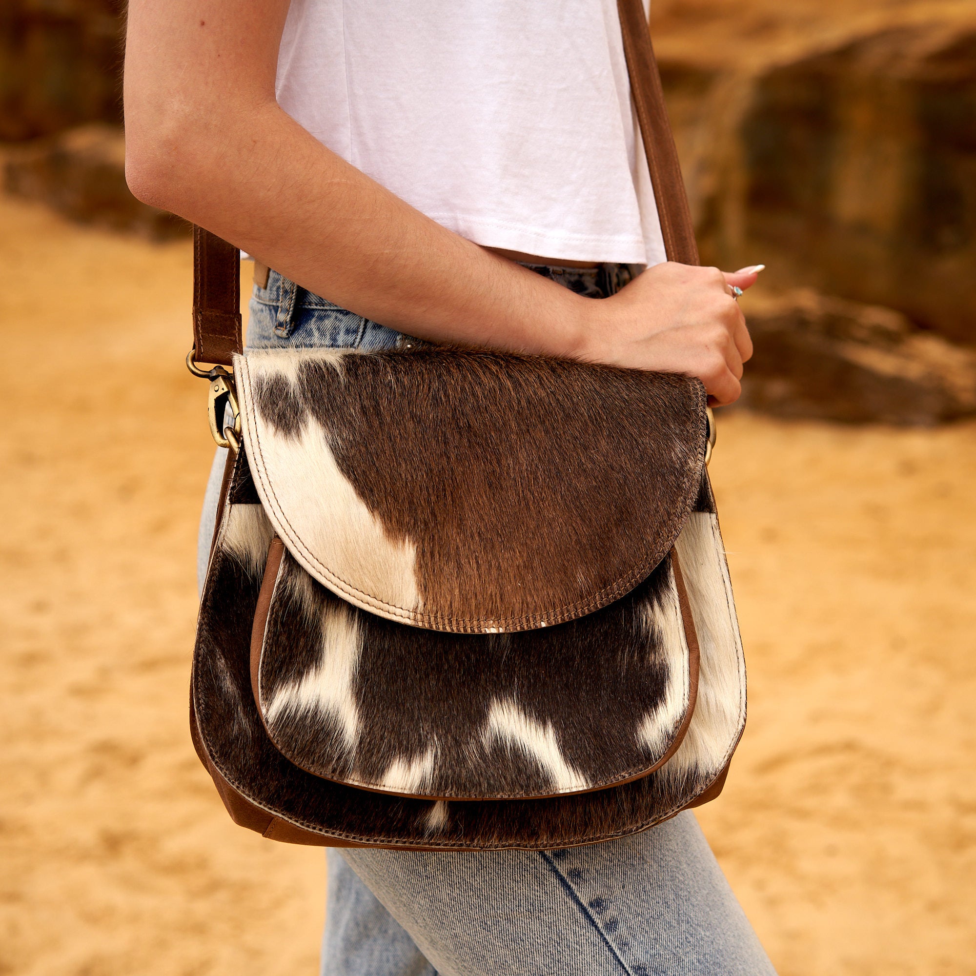 Handmade genuine cowhide leather messenger tote bag