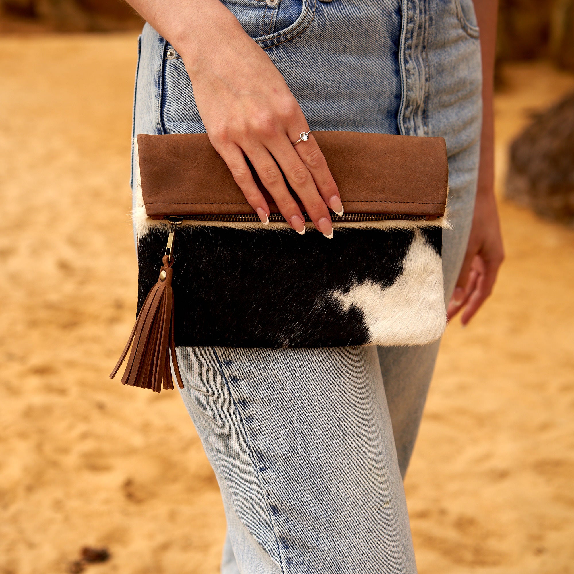 Handmade Cowhide Purse Handbag Clutch Bag Brown Cow Hide Hair on Calf Hide Leather Fur