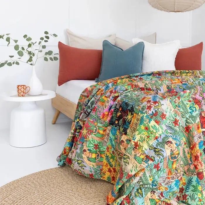 Kantha Quilt Indian Quilt Block Print Quilt Bedspread Bohemian Boho Cotton Throw Quilt Handmade Blanket Doona King Size