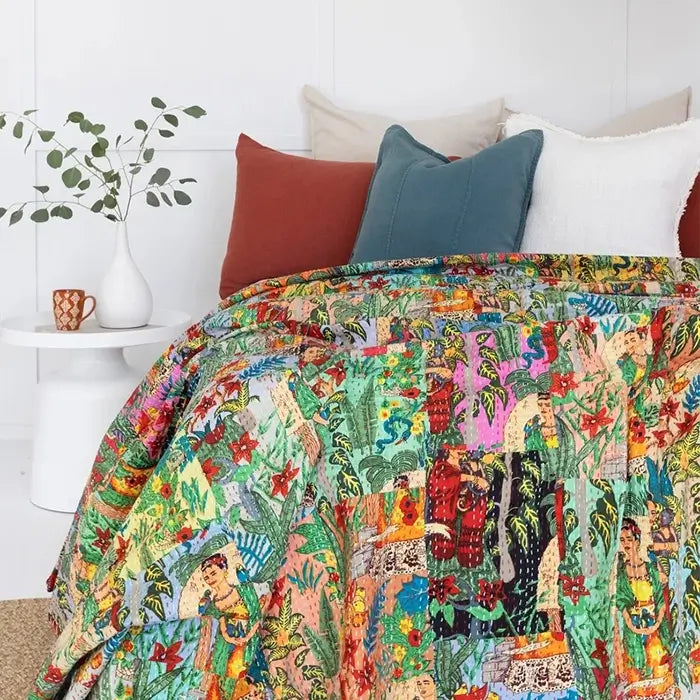 Kantha Quilt Indian Quilt Block Print Quilt Bedspread Bohemian Boho Cotton Throw Quilt Handmade Blanket Doona King Size