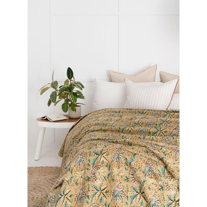 Kantha Quilt Indian Quilt Block Print Quilt Bedspread Bohemian Boho Cotton Throw Quilt Handmade Blanket Doona King Size KQ03