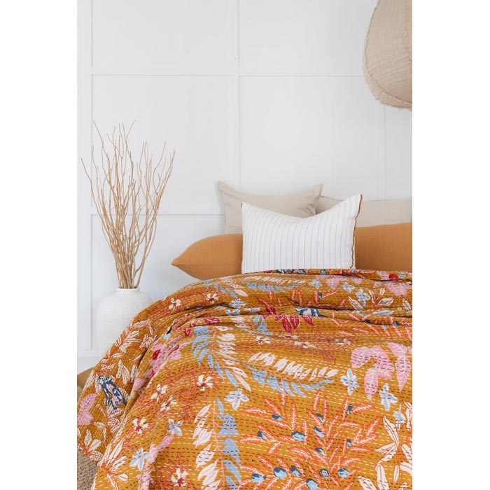 Kantha Quilt Indian Quilt Block Print Quilt Bedspread Bohemian Boho Cotton Throw Quilt Handmade Blanket Doona King Size KQ04