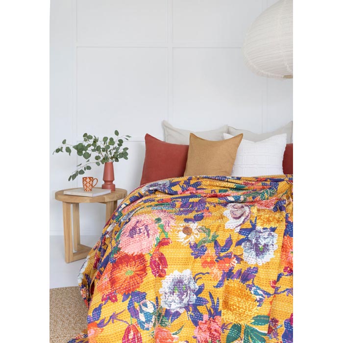 Kantha Quilt Indian Quilt Block Print Quilt Bedspread Bohemian Boho Cotton Throw Quilt Handmade Blanket Doona King Size KQ10