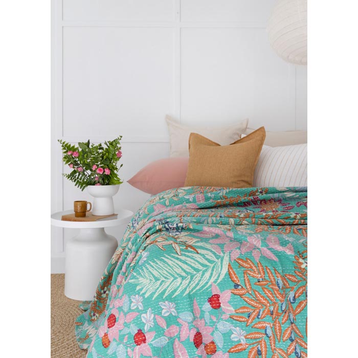 Kantha Quilt Indian Quilt Block Print Quilt Bedspread Bohemian Boho Cotton Throw Quilt Handmade Blanket Doona King Size KQ15