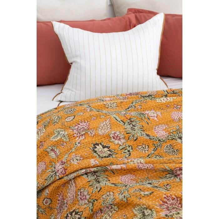 Kantha Quilt Indian Quilt Block Print Quilt Bedspread Bohemian Boho Cotton Throw Quilt Handmade Blanket Doona King Size KQ18