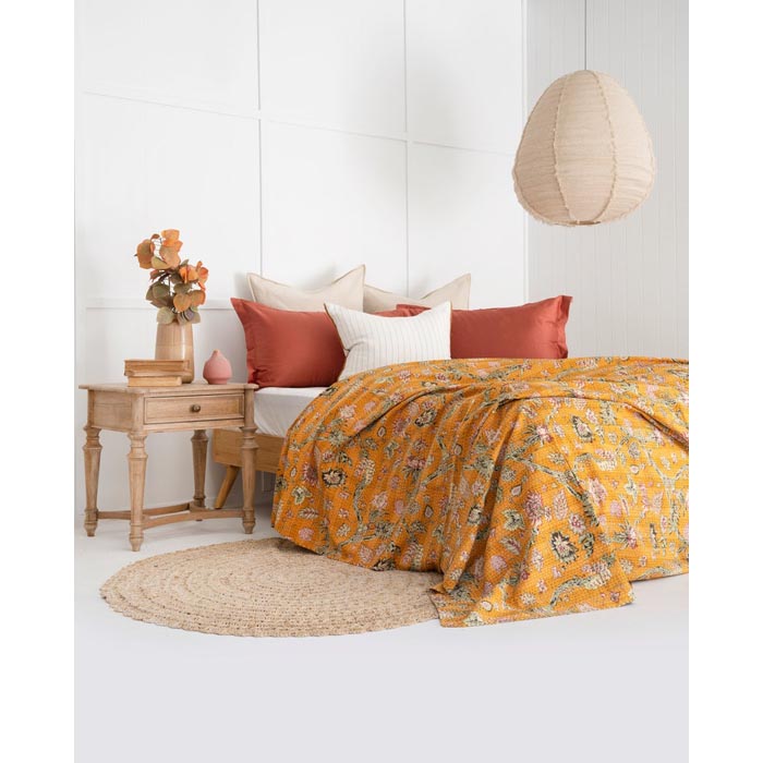 Kantha Quilt Indian Quilt Block Print Quilt Bedspread Bohemian Boho Cotton Throw Quilt Handmade Blanket Doona King Size KQ18