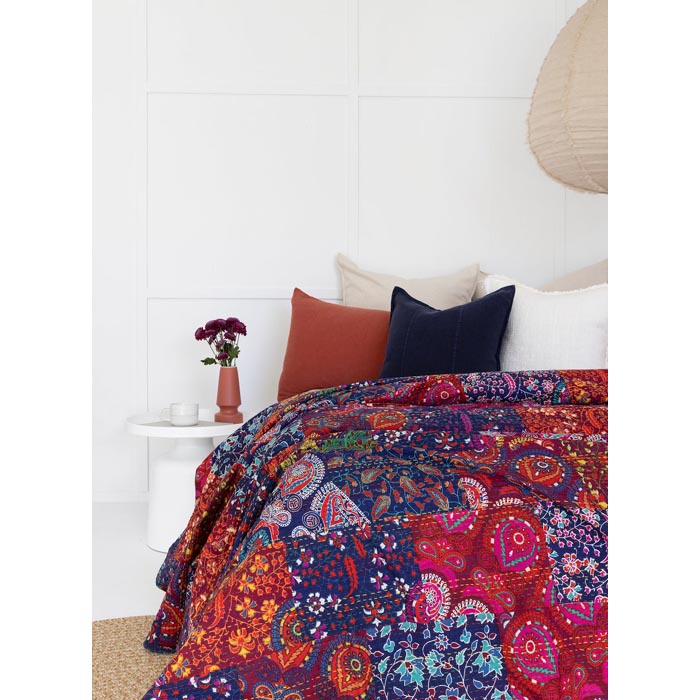 Kantha Quilt Indian Quilt Block Print Quilt Bedspread Bohemian Boho Cotton Throw Quilt Handmade Blanket Doona King Size KQ26