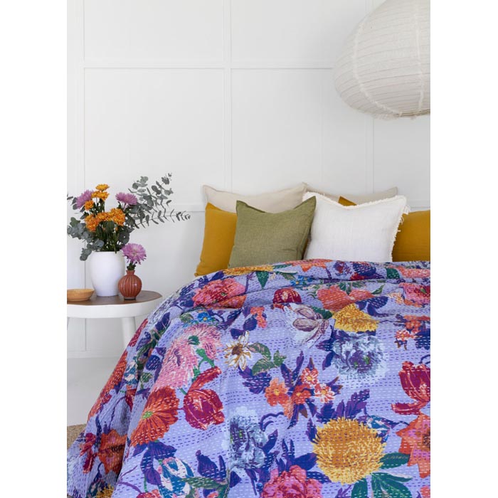 Kantha Quilt Indian Quilt Block Print Quilt Bedspread Bohemian Boho Cotton Throw Quilt Handmade Blanket Doona King Size KQ27