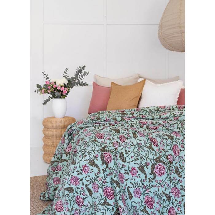 Kantha Quilt Indian Quilt Block Print Quilt Bedspread Bohemian Boho Cotton Throw Quilt Handmade Blanket Doona King Size KQ38