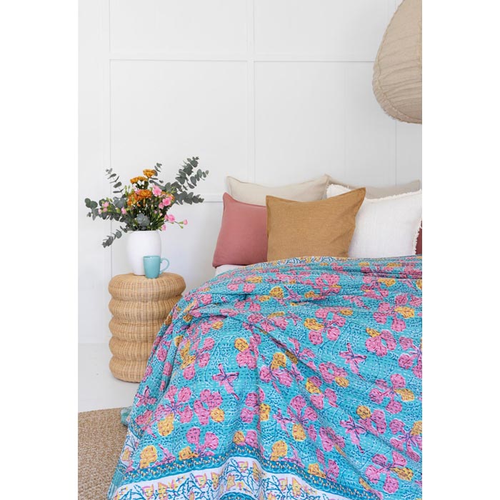 Kantha Quilt Indian Quilt Block Print Quilt Bedspread Bohemian Boho Cotton Throw Quilt Handmade Blanket Doona King Size KQ39