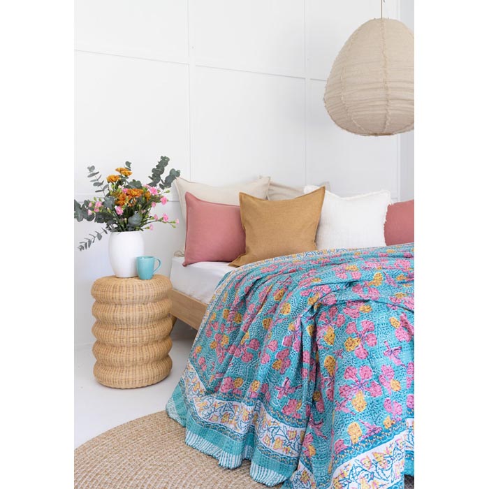 Kantha Quilt Indian Quilt Block Print Quilt Bedspread Bohemian Boho Cotton Throw Quilt Handmade Blanket Doona King Size KQ39