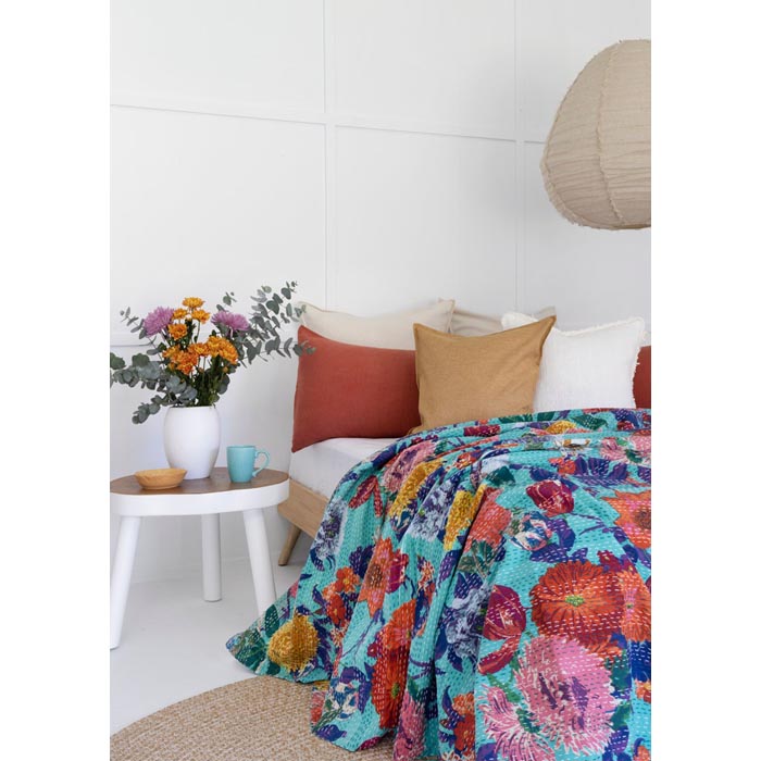 Kantha Quilt Indian Quilt Block Print Quilt Bedspread Bohemian Boho Cotton Throw Quilt Handmade Blanket Doona King Size KQ40