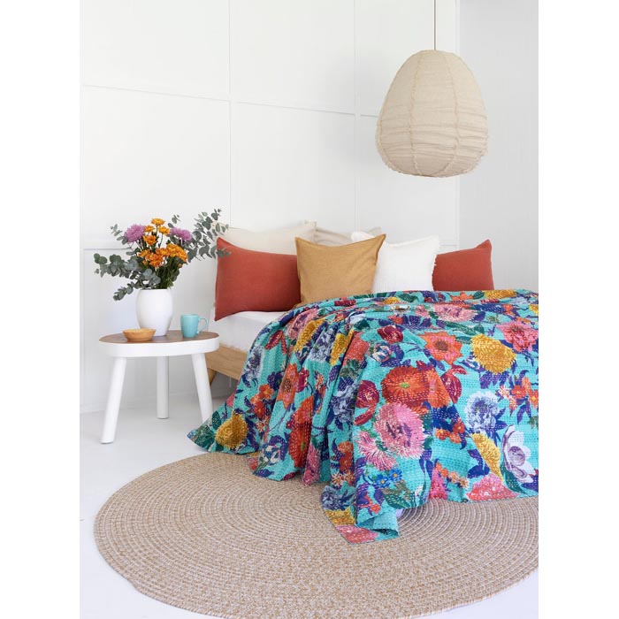 Kantha Quilt Indian Quilt Block Print Quilt Bedspread Bohemian Boho Cotton Throw Quilt Handmade Blanket Doona King Size KQ40