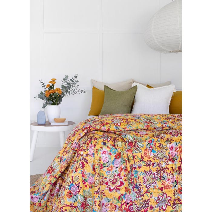 Kantha Quilt Indian Quilt Block Print Quilt Bedspread Bohemian Boho Cotton Throw Quilt Handmade Blanket Doona King Size KQ42