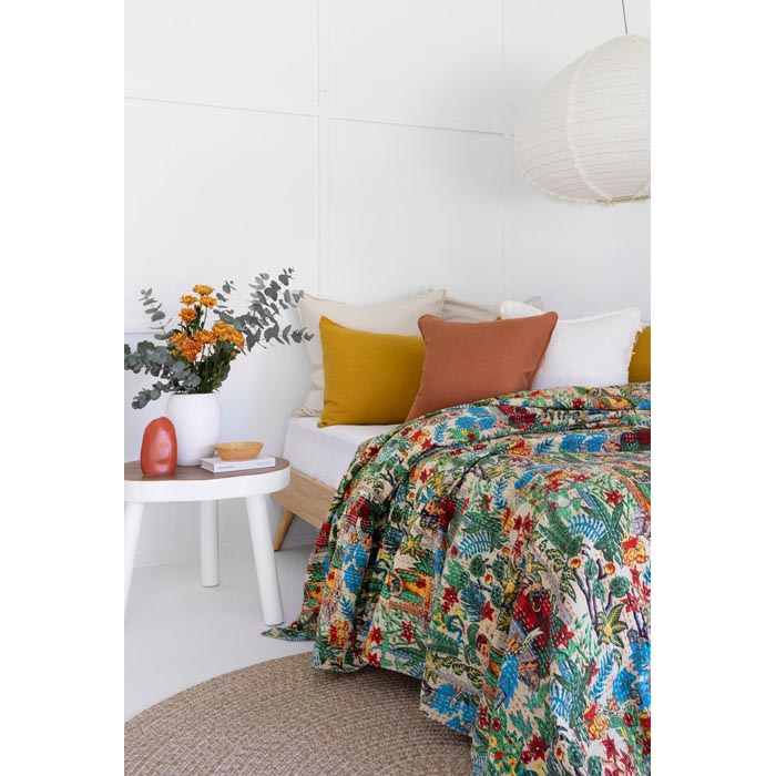 Kantha Quilt Indian Quilt Block Print Quilt Bedspread Bohemian Boho Cotton Throw Quilt Handmade Blanket Doona King Size KQ43