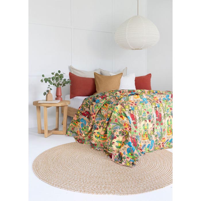 Kantha Quilt Indian Quilt Block Print Quilt Bedspread Bohemian Boho Cotton Throw Quilt Handmade Blanket Doona King Size KQ46