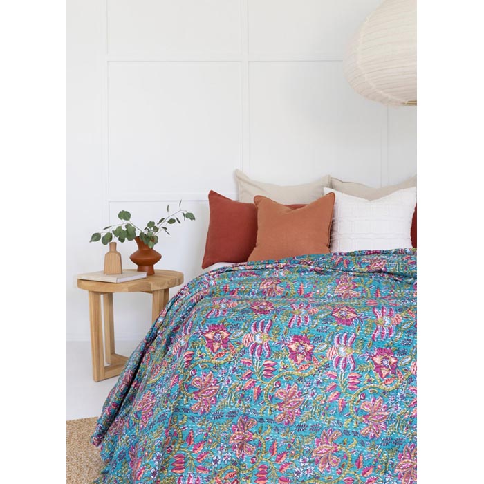 Kantha Quilt Indian Quilt Block Print Quilt Bedspread Bohemian Boho Cotton Throw Quilt Handmade Blanket Doona King Size KQ48