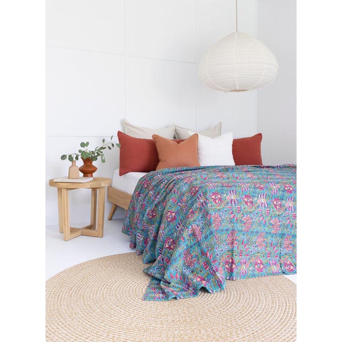Kantha Quilt Indian Quilt Block Print Quilt Bedspread Bohemian Boho Cotton Throw Quilt Handmade Blanket Doona King Size KQ48
