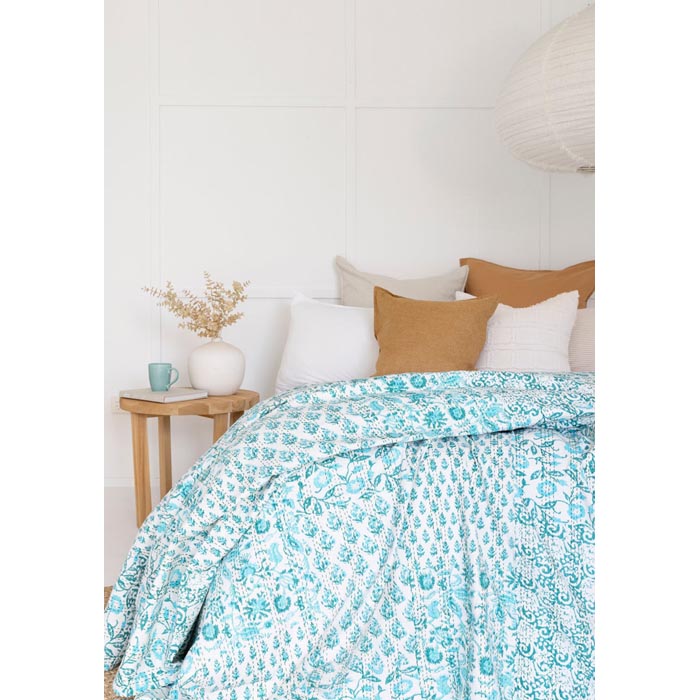 Kantha Quilt Indian Quilt Block Print Quilt Bedspread Bohemian Boho Cotton Throw Quilt Handmade Blanket Doona King Size KQ49