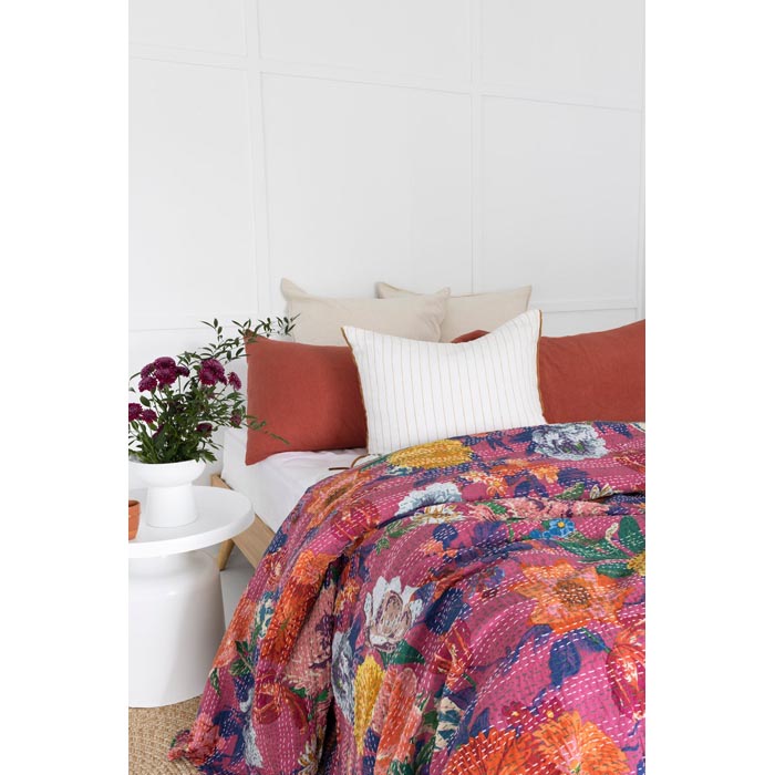 Kantha Quilt Indian Quilt Block Print Quilt Bedspread Bohemian Boho Cotton Throw Quilt Handmade Blanket Doona King Size KQ60