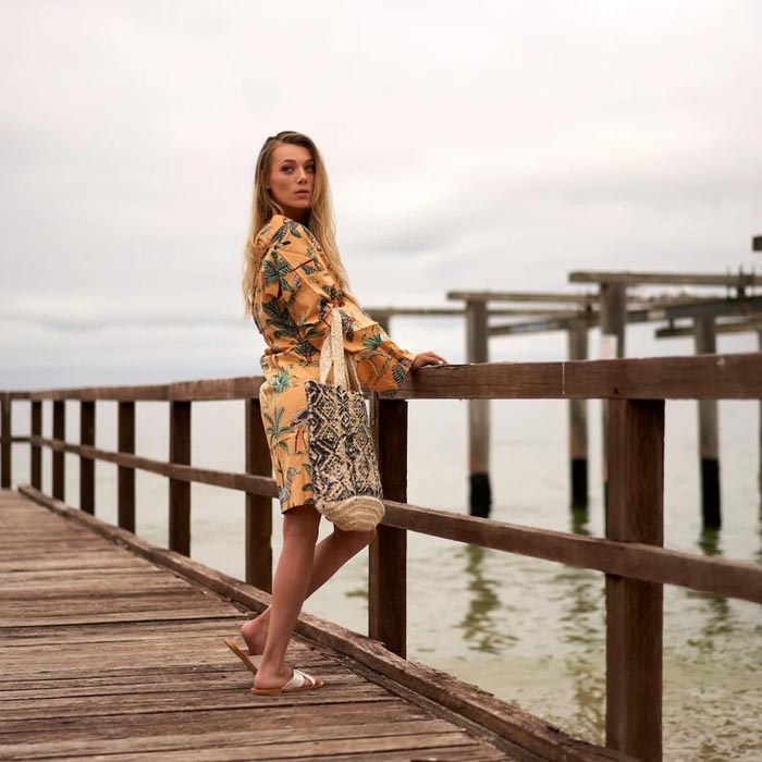 Kimono Cotton Kimono Bathrobe Frida Valentines Day GiftBird Bathrobe Cardigan Nightwear Dressing Gown Beach Bikini Summer - Mustard Jungle CK201