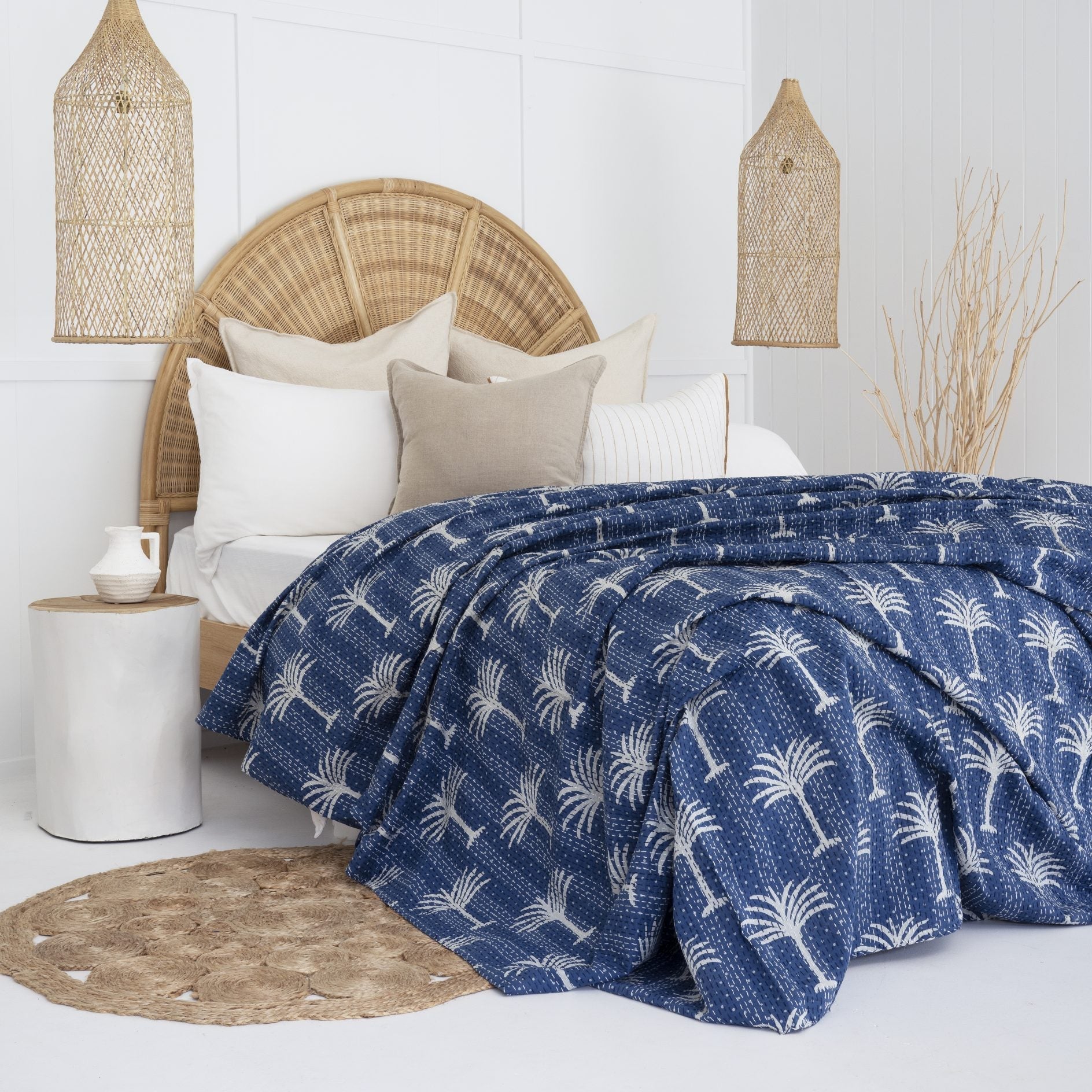 Indian cotton Kantha quilt with Palm Tree Indigo design