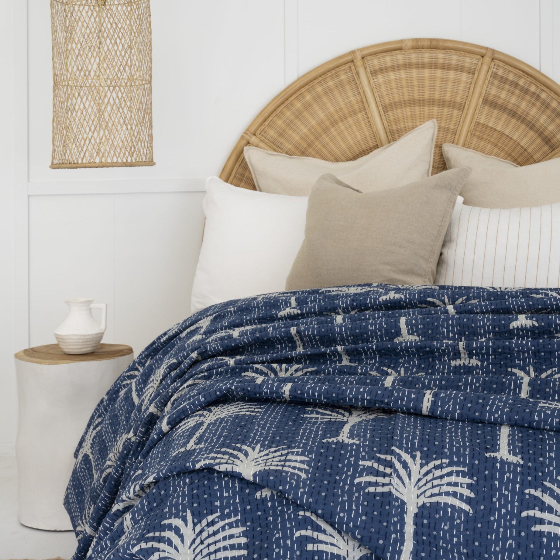 Palm Tree Indigo cotton Kantha quilt with Indian textile pattern