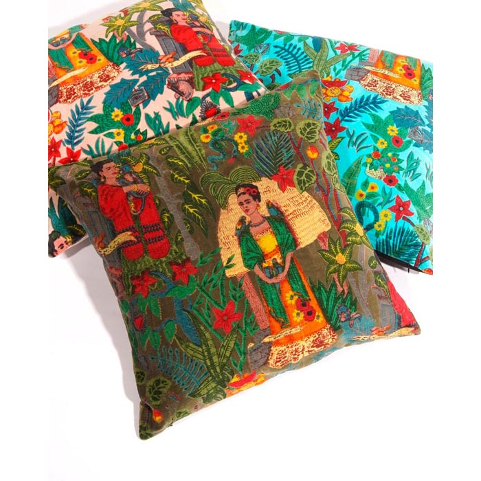 Linen Connections Frida Kahlo Velvet Cushion Cover Frida’s Garden Cushion Handmade Mexico Muertes Decorative Cushion 100% cotton velvet CC192