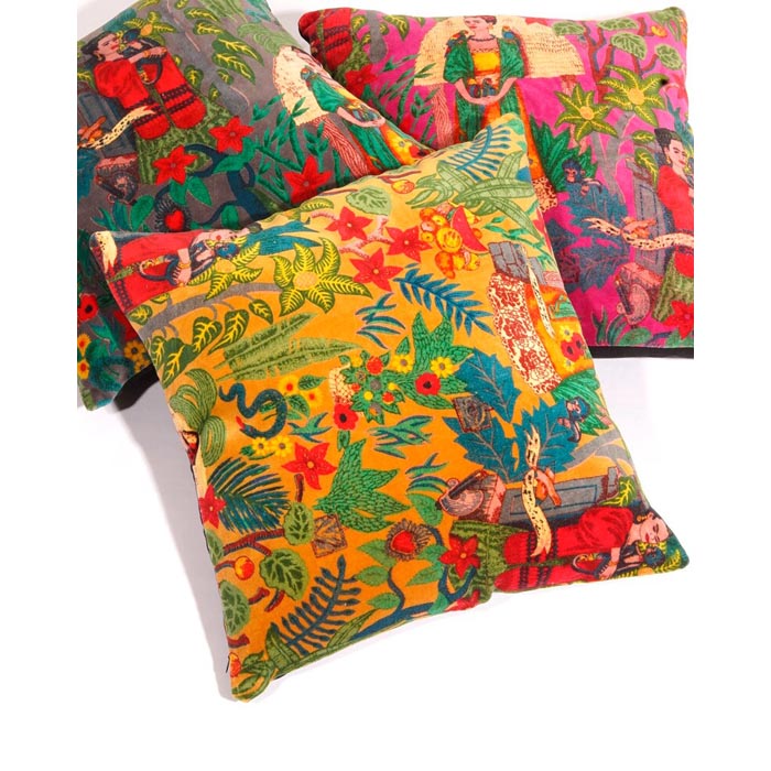 Linen Connections Frida Kahlo Velvet Cushion Cover Frida’s Garden Cushion Handmade Mexico Muertes Decorative Cushion 100% cotton velvet CC193