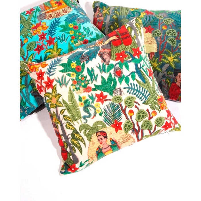Linen Connections Frida Kahlo Velvet Cushion Cover Frida’s Garden Cushion Handmade Mexico Muertes Decorative Cushion 100% cotton velvet CC194