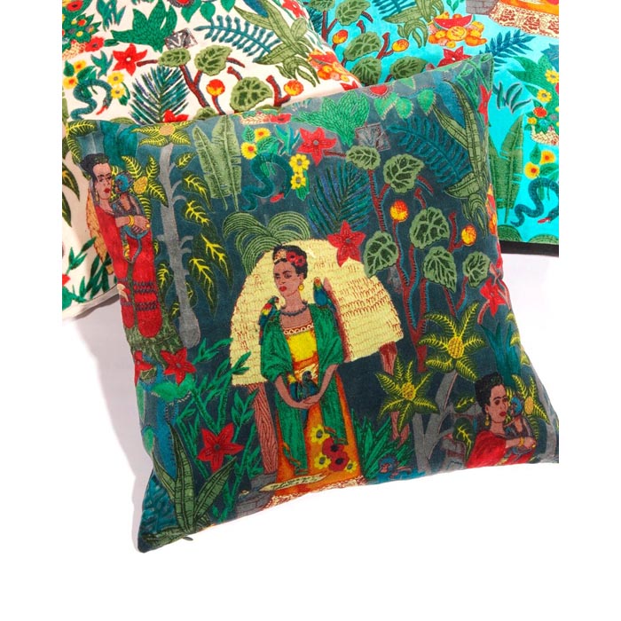 Linen Connections Frida Kahlo Velvet Cushion Cover Frida’s Garden Cushion Handmade Mexico Muertes Decorative Cushion 100% cotton velvet CC197